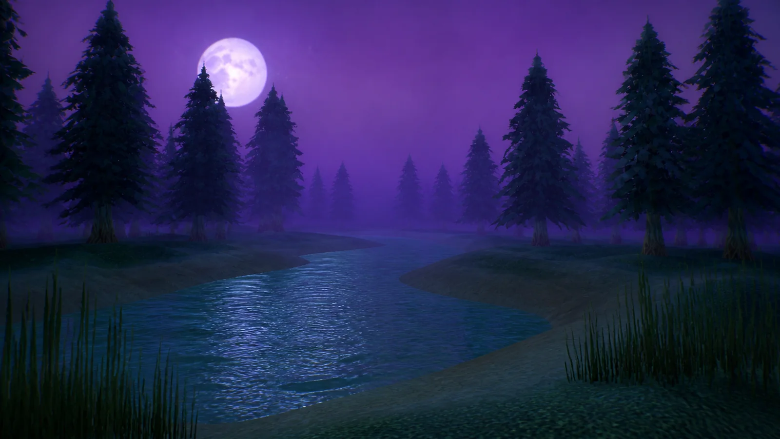 misty purple pine forest at night