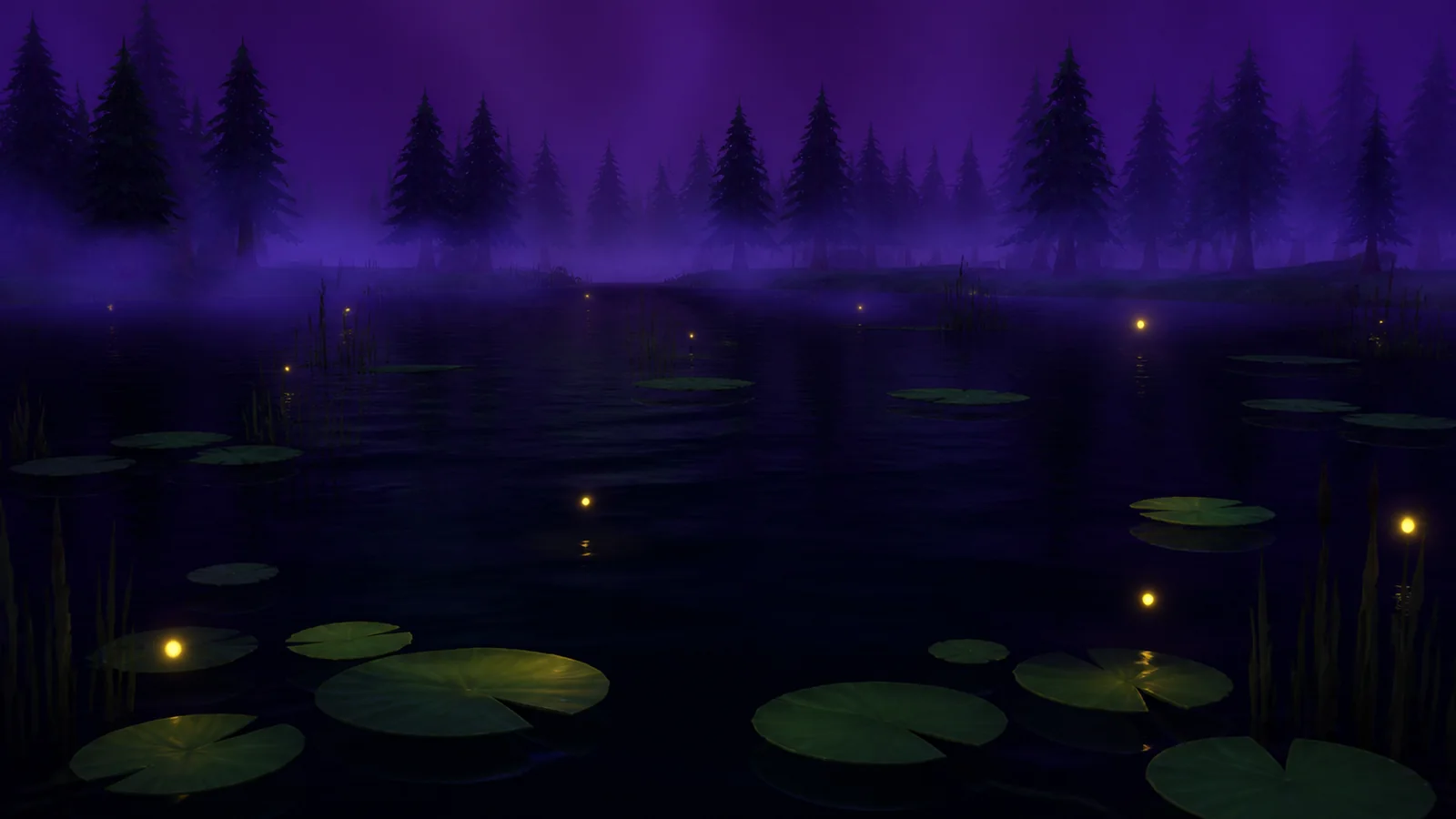 still black pond with fireflies